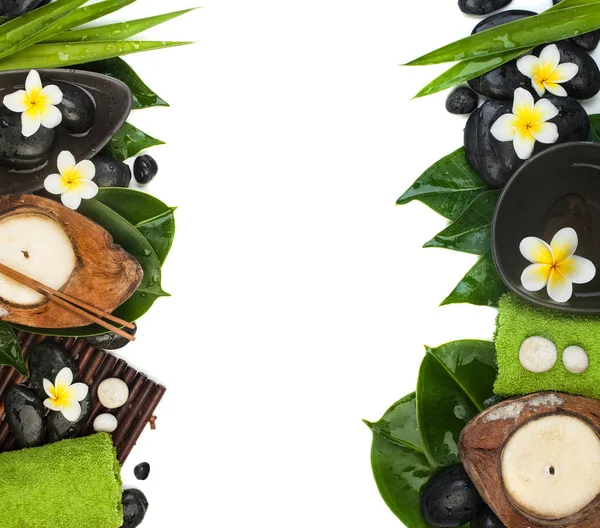 Tropical Objects Spa Therapy Massage Green Towels Top View — Stock Photo, Image