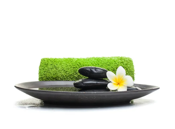 Spa Objects Green Towel Black Plate — Stock Photo, Image