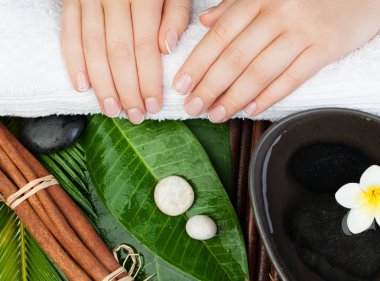 Spa Manikür. Güzel eller kase su, çiçek, yeşil yaprakları ile