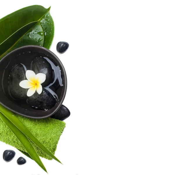 Wellness Objekte Mit Tropischen Blüten Und Grünen Blättern Auf Weißem — Stockfoto