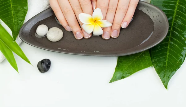 Spa Manicure Vista Superior Com Flores Folhas Verdes Towe — Fotografia de Stock