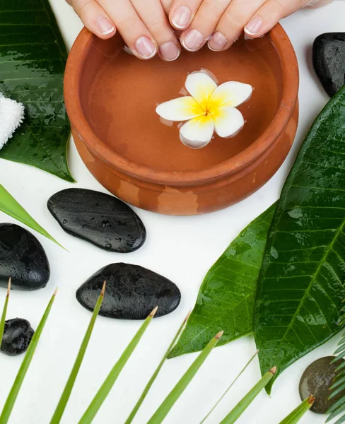 Manicura Spa Con Mano Tazón Agua Flores Hojas Verdes Toalla — Foto de Stock