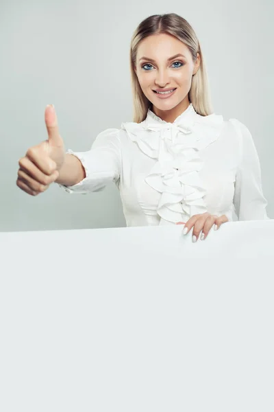 Business Woman Showing Thumb Smiling Holding White Empty Board Background — Stock Photo, Image