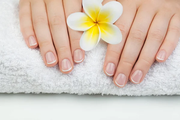 Belas Mãos Femininas Toalha Branca Conceito Manicure — Fotografia de Stock