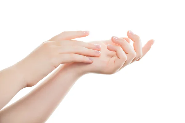 Piękna Kobieta Ręce Idealne Paznokcie Salon Manicure Francuski Manicure Białym — Zdjęcie stockowe