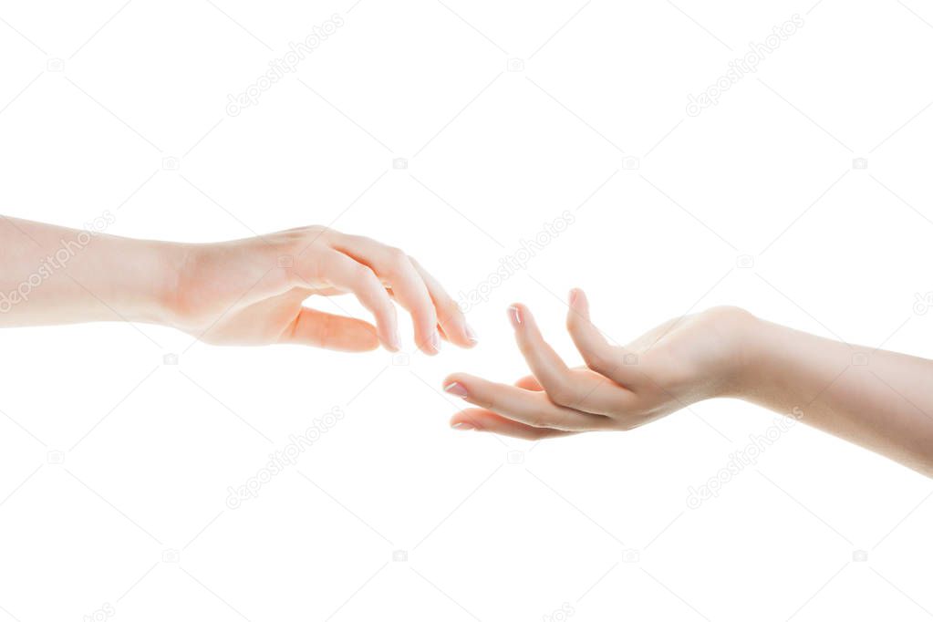 Helping hands isolated on white background. Lending a helping hand. Solidarity, compassion, and charity.