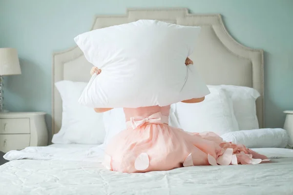 Funny Child Girl Hiding Pillow Home — Stock Photo, Image