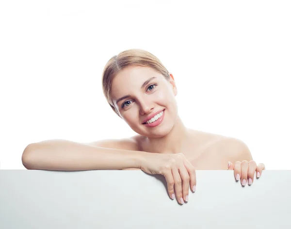 Young Happy Woman Smiling White Board Background Spa Beauty Skincare — Stock Photo, Image