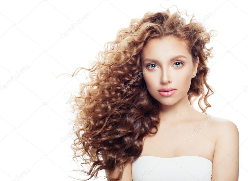 Isolated spa woman with healthy skin and perfect wavy hairstyle. Spa beauty, cosmetology, facial treatment and wellness concept 