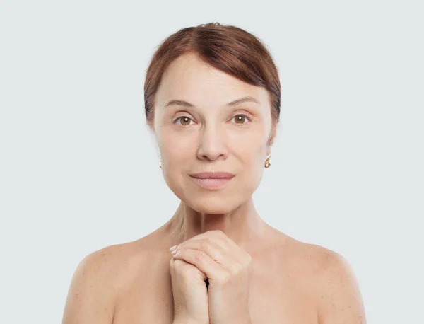 Mature Woman Female Model Perfect Natural Skin Facial Treatment Cosmetology — Stock Photo, Image