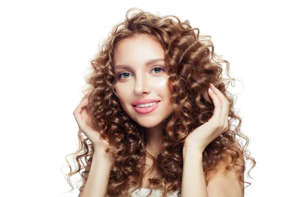 Young Woman Touching Her Hair Her Hand Isolated White Haircare — Stock Photo, Image