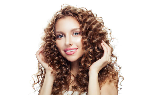 Young woman touching her hair her hand isolated on white. Haircare, spa beauty, facial treatment and wellness concept 