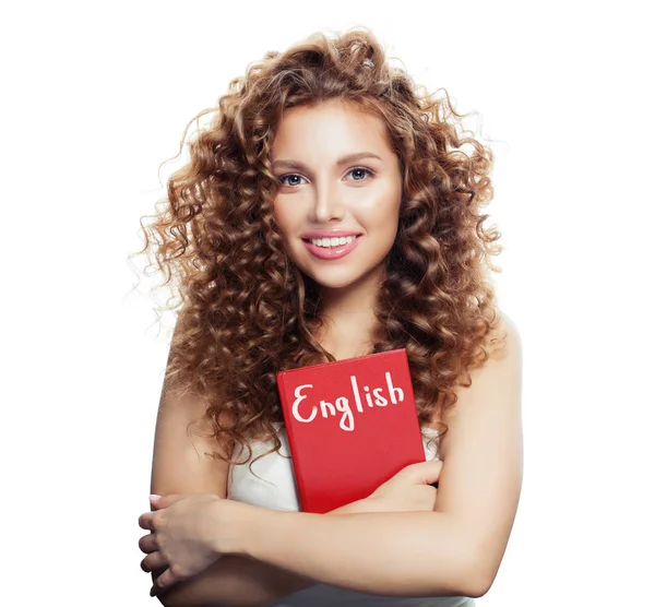 Anglický Pojem Student Mladá Žena Anglické Knihy Izolovaných Bílém Pozadí — Stock fotografie