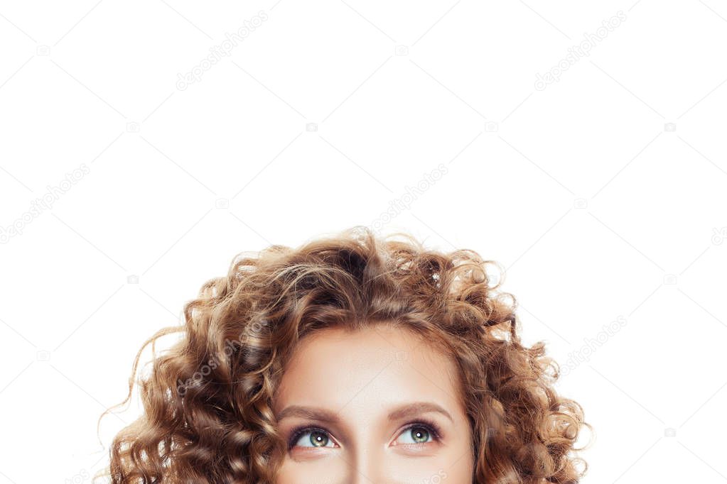 Happy woman looking up isolated on white. Emotion. Female face closeup, eyes
