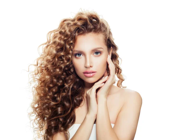 Healthy Woman Clear Skin Perfect Curly Hair Isolated White Background — Stock Photo, Image