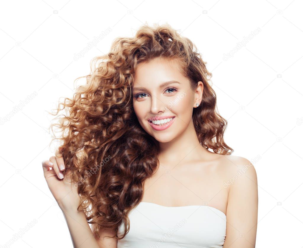 Young blonde woman with healthy hair isolated on white background. Spa beauty, cosmetology and haircare concept