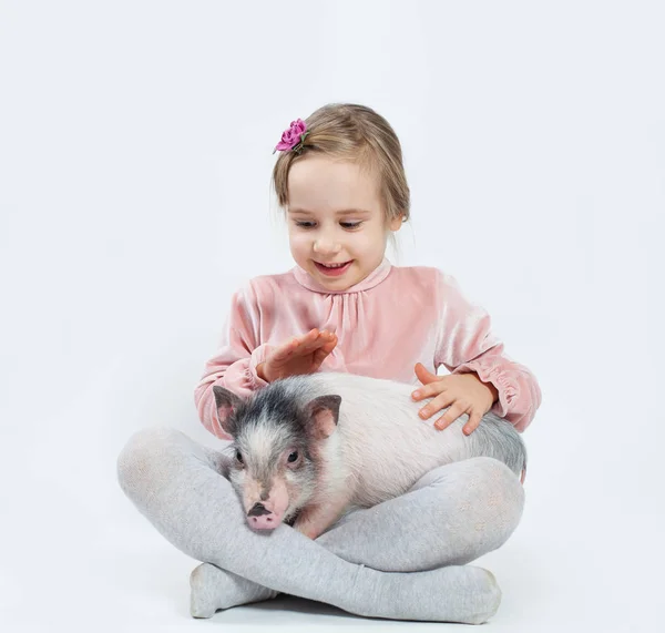 Happy Child Girl Pig Child Pet — Stock Photo, Image