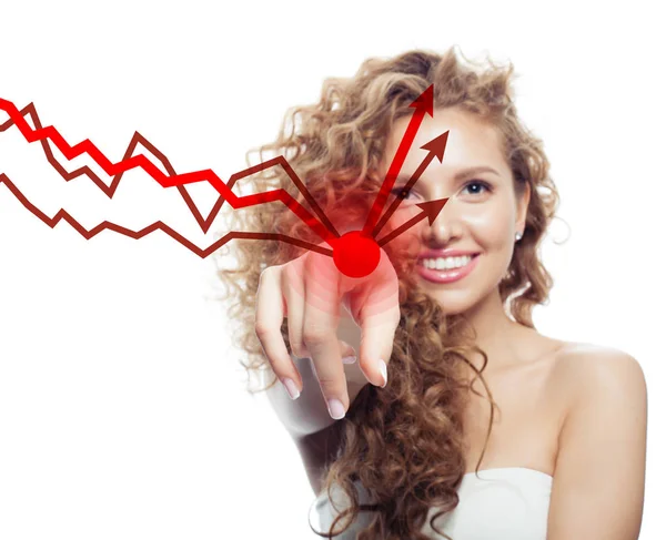 Young Happy Woman Pointing Red Rising Arrow — Stock Photo, Image