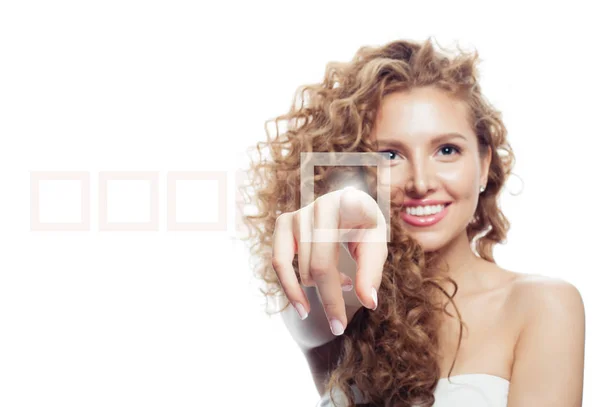 Jovem Mulher Feliz Apontando Dedo Votando Isolado Fundo Branco — Fotografia de Stock