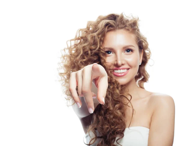 Ukazující Prst Tlak Tlačítko Izolované Bílém Pozadí Šťastná Dívka Směřující — Stock fotografie