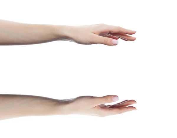 Δύο Άδεια Γυναικεία Χέρια Μέτρηση Κάτι Απομονωθεί Λευκό — Φωτογραφία Αρχείου