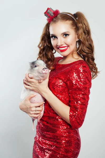 Young Cute Woman Red Sequin Dress Holding Little Pig White — Stock Photo, Image