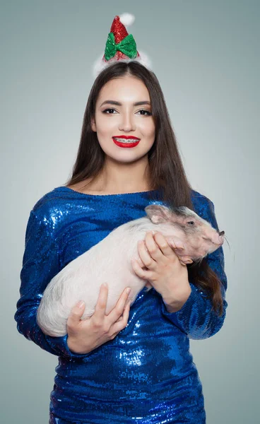 Happy Woman Blue Dress Smiling Holding Little Pig Smile Teeth — Stock Photo, Image