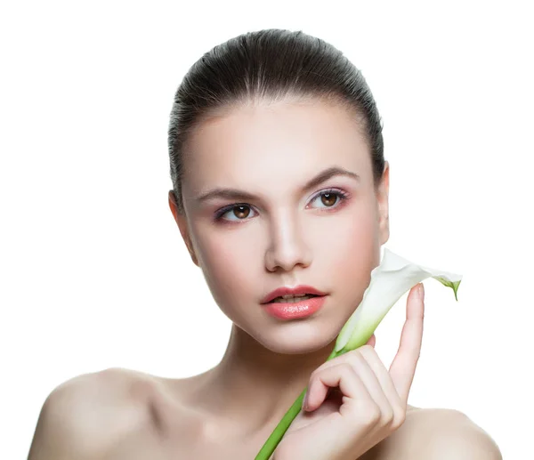 Young Face Spa Woman Healthy Skin Lily Flower Isolated White — Stock Photo, Image