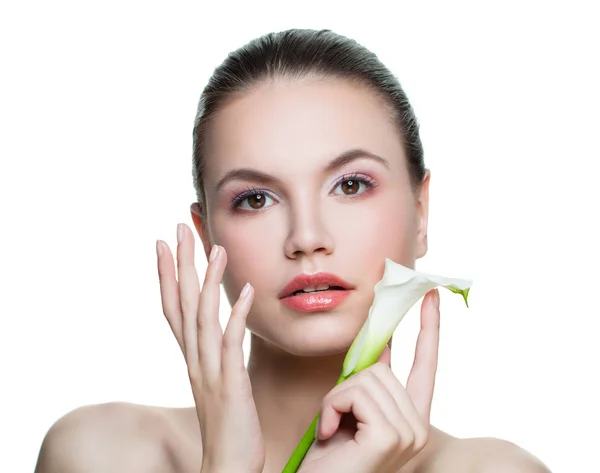 Spa Model Face White Flower Her Hand Isolated White Background — Stock Photo, Image