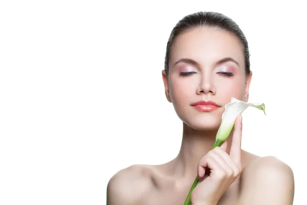 Spa Beauty Portrait Perfect Healthy Woman White Flower Isolated White — Stock Photo, Image