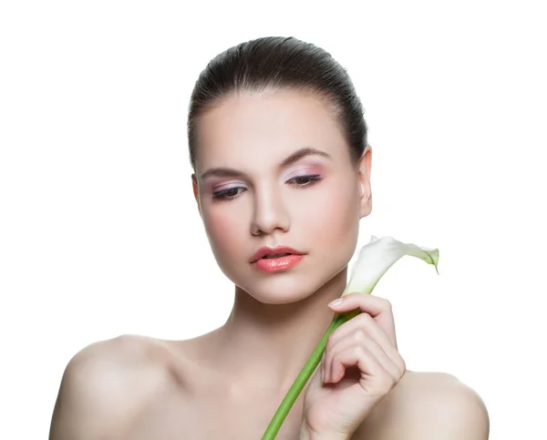 Beauty Woman Lily Flower Isolated White Background Beautiful Female Face — Stock Photo, Image
