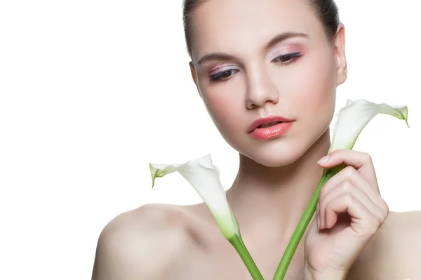 Young Woman Face Flowers Her Hands Spa Model Isolated White — Stock Photo, Image