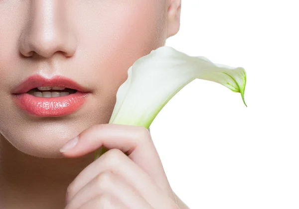 Beautiful Female Lips Natural Color Lipgloss White Lily Calla Flower — Stock Photo, Image