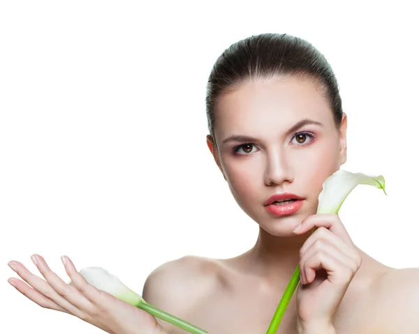 Beautiful Girl Flower Isolated White Background Spa Female Model Face — Stock Photo, Image