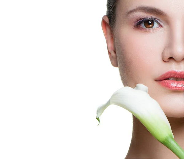 Perfect Female Face Spa Woman White Flower Isolated White Background — Stock Photo, Image