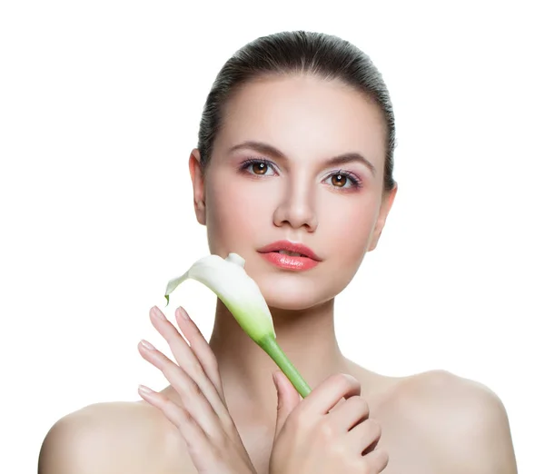 Young Perfect Woman Clear Skin White Flower Isolated White Cosmetology — Stock Photo, Image