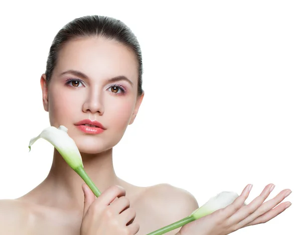 Beautiful Female Face Isolated Young Woman Healthy Skin White Flower — Stock Photo, Image