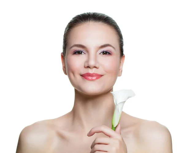 Mujer Hermosa Feliz Con Flor Aislada Sobre Fondo Blanco Tratamiento — Foto de Stock