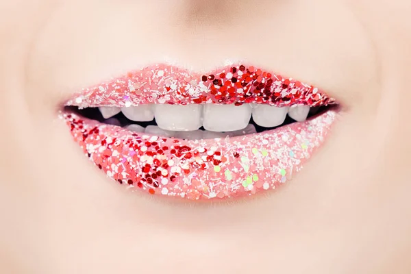 Lèvres Rouges Dents Blanches Belle Sourire Féminin — Photo