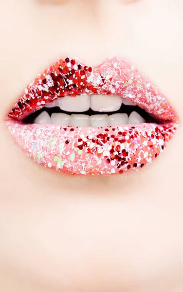 Luxueuses Lèvres Féminines Lumineuses Avec Fond Maquillage Rouge Lèvres Paillettes — Photo