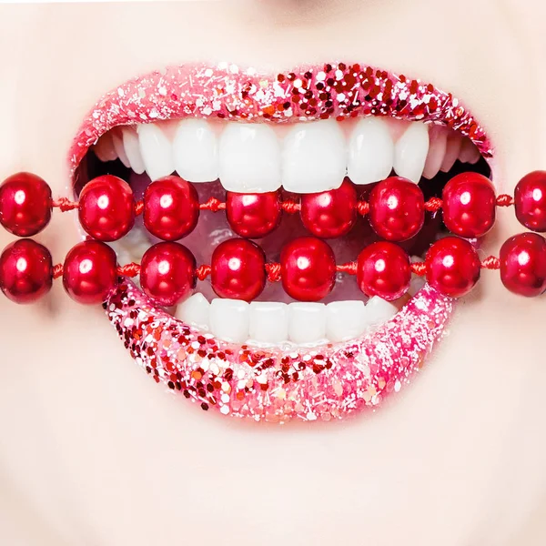 Beautiful Female Lips White Teeth Biting Red Pearls Opened Mouth — Stok fotoğraf