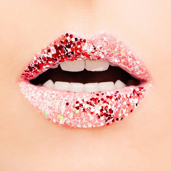 Fechar Maquiagem Macro Criativa Lábios Femininos Bonitos Com Batom Vermelho — Fotografia de Stock