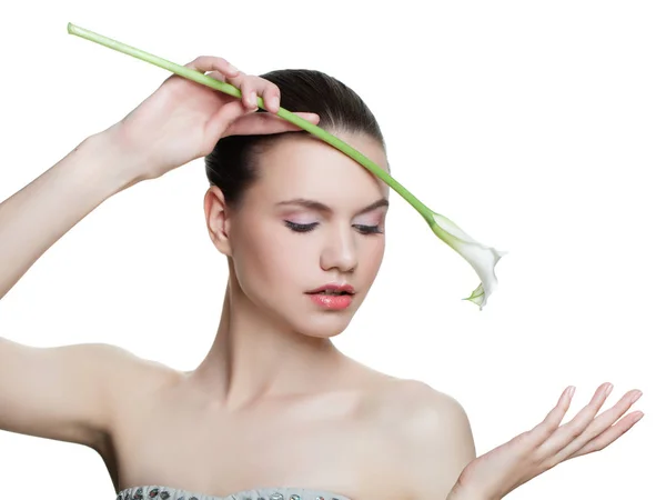 Egészséges Virág Elszigetelt Fehér Background Portré Spa Holding Arckezelés Kozmetika — Stock Fotó