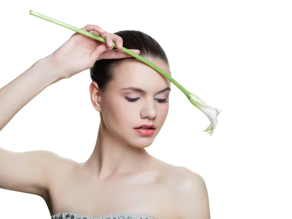 Chica Moda Con Flor Lirio Blanco Calla Aislado Sobre Fondo — Foto de Stock