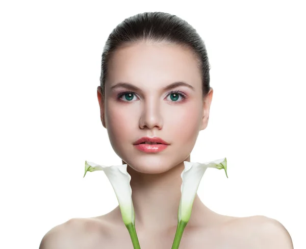 Young Woman Holding Two Calla Lily Flower Isolated White Background — Stock Photo, Image