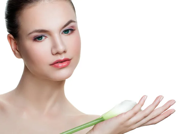 Perfect Young Woman Holding Calla Lily Flower Isolated White Background — Stock Photo, Image