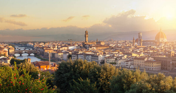 Florence cityscape. Skyline of Florence, Italy with Florence Duomo, Basilica di Santa Maria del Fiore and the bridges over the river Arno. Firenze landmarks