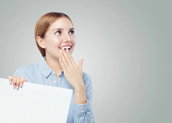 Surprised Student Woman White Empty Board Background Copy Space Businesswoman — Stock Photo, Image
