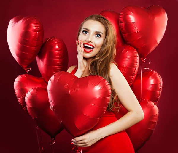 Surprised Woman Holding Balloons Red Heart Portrait Girl Red Lips — Stock Photo, Image