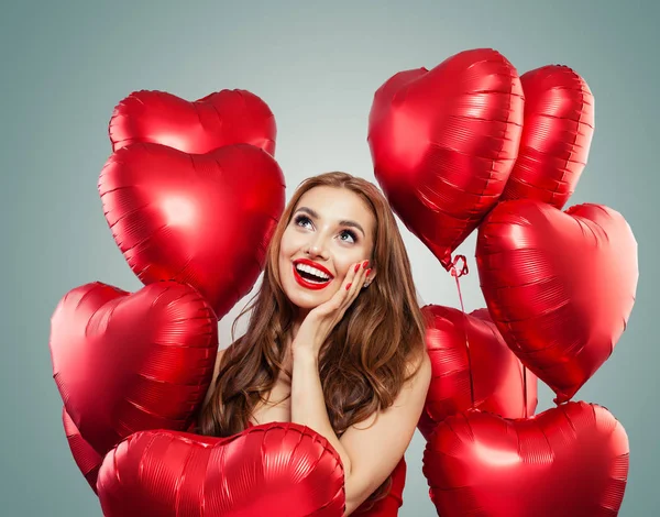 Beautiful Woman Holds Red Heart Balloons Surprise Valentines People Valentine — Stock Photo, Image